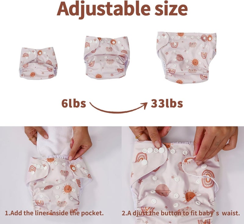 CoolaPeach 12 Set Reusable Adjustable Cloth Diapers for Newborn to 0-3 Years,One Size Washable Pocket Nappy Covers for Baby Girl and Boy,6 Pack Cloth Diapers+6pcs Microfiber Inserts(Pink) - Image 2